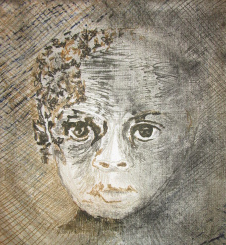 PictureMonoprint of small child's face on fabric by textile artist, Claire Passmore