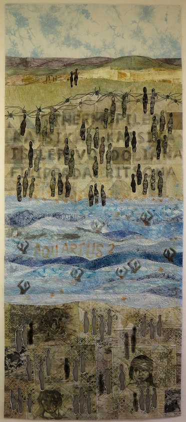 The Lucky Ones - an art quilt by Textile artict Claire Passmore concerning the Syrian refugee crisis 
