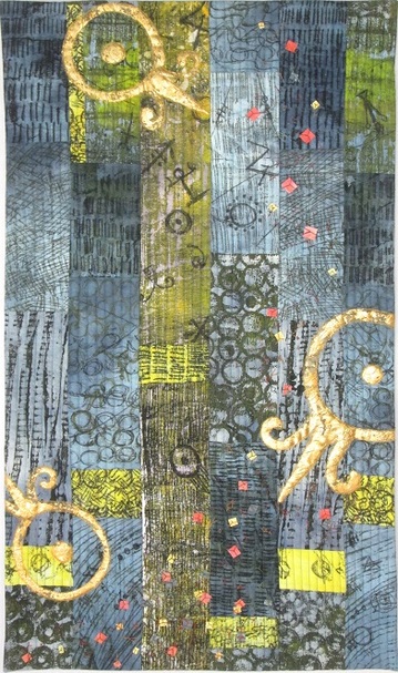 Art quilt by Claire Passmore using gold leaf and hand dyed and embelished fabric