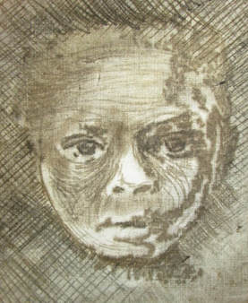 Monoprint of small child's face on fabric by textile artist, Claire Passmore